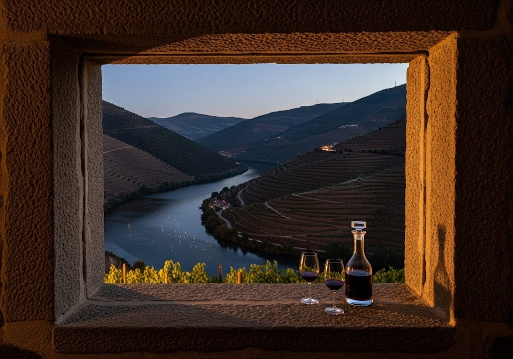 A glass decanter and two glasses of port wine sit on a stone windowsill, framed by a stone window overlooking the terraced vineyards and a winding river of Portugal's Douro Valley at dusk.