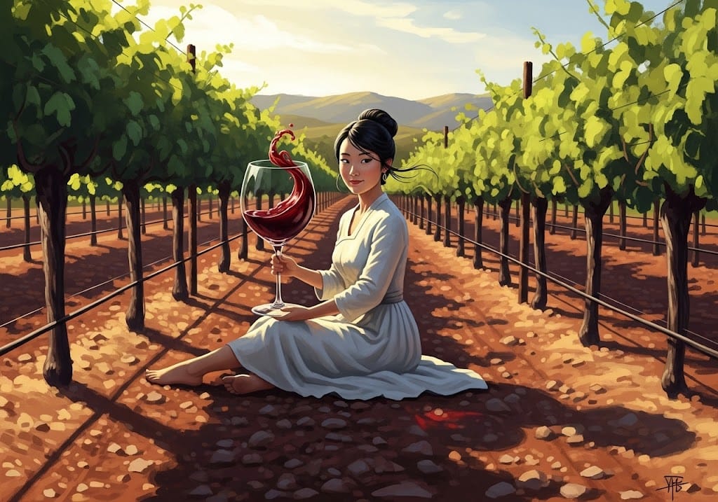 A painting of Chang'e in a Napa vineyard, with an oversized wine glass. She wears a linen dress and smiles playfully in the golden-hour light.