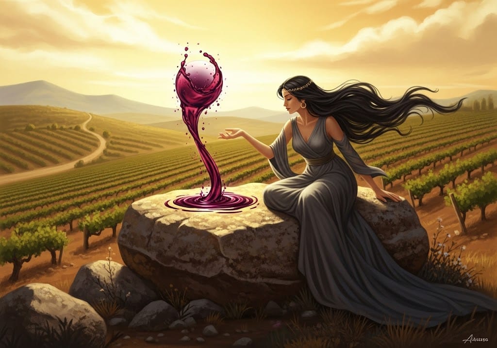 A magical illustration of a woman in a long gown sitting on a large rock in a vineyard, summoning a glowing orb of red wine from her hands.