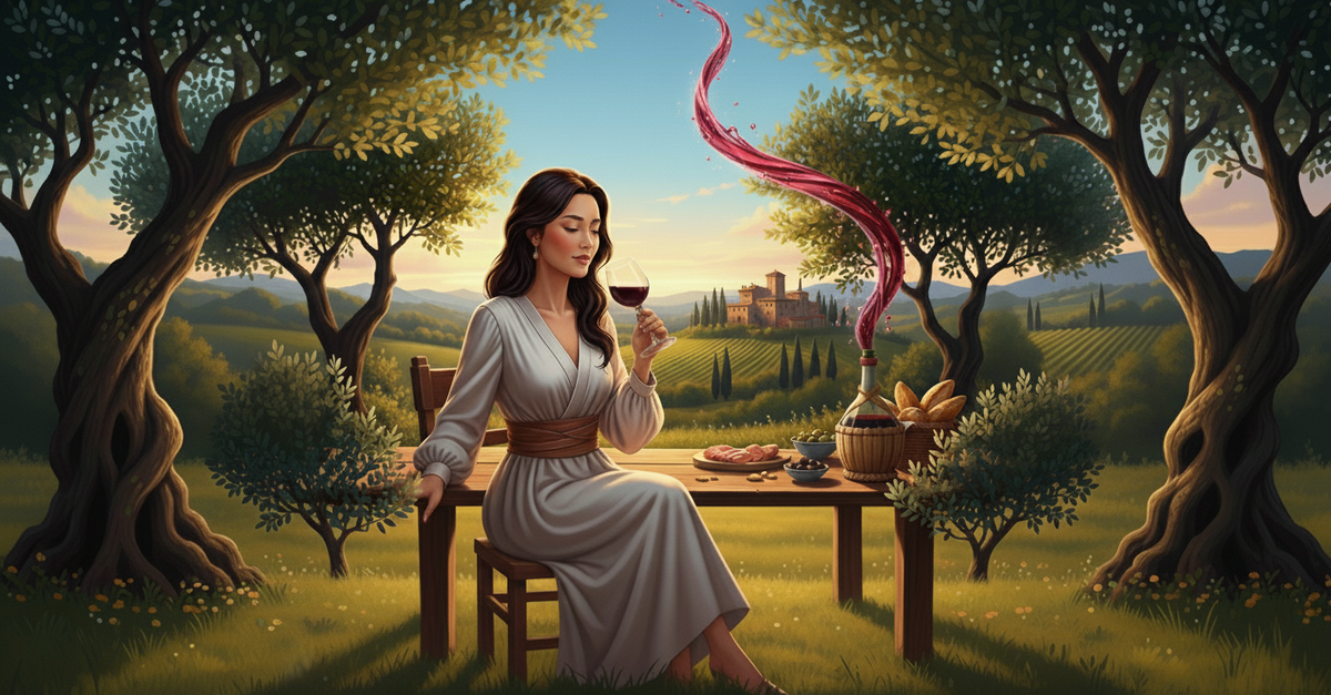 Elegant woman in a golden olive grove enjoys Chianti. She's seated at a rustic table by a Tuscan castello, smelling wine as its ruby essence spirals magically from the straw fiasco bottle.