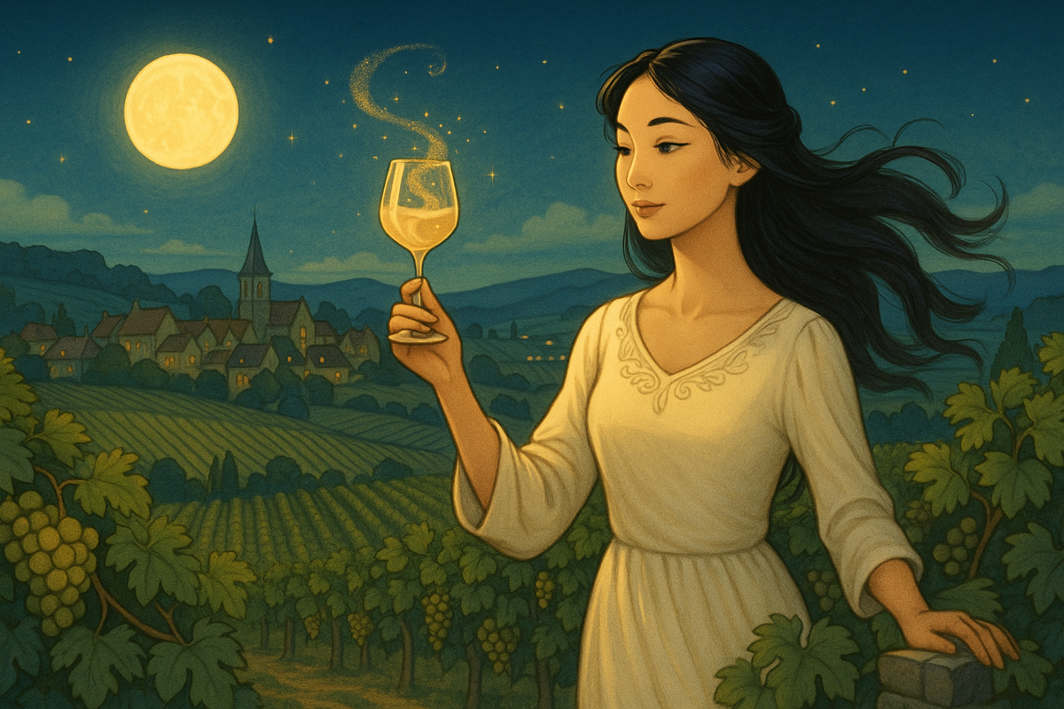 Chang’e in simple cream dress stands by moonlit Côte de Nuits vineyard, holding a red-wine glass that releases a sparkling swirl above a quiet village and distant hills.