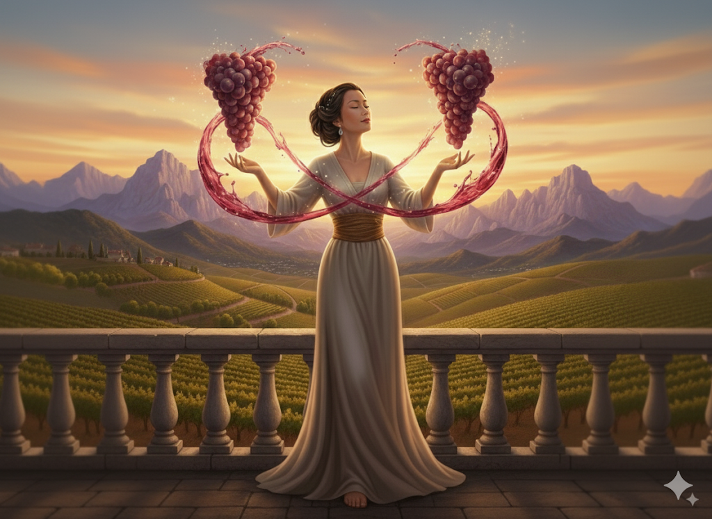 A serene woman stands on a balcony in a vineyard in Gigondas, France. She holds a glass of red wine, which glows and trails a liquid stream.