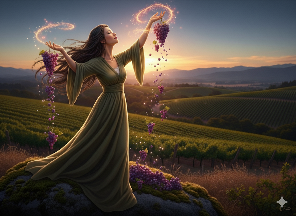 Chang'e, the Moon Goddess, sits on a rock in a Stags Leap vineyard. A mystical, swirling red wine essence floats magically above her open hand at sunset.