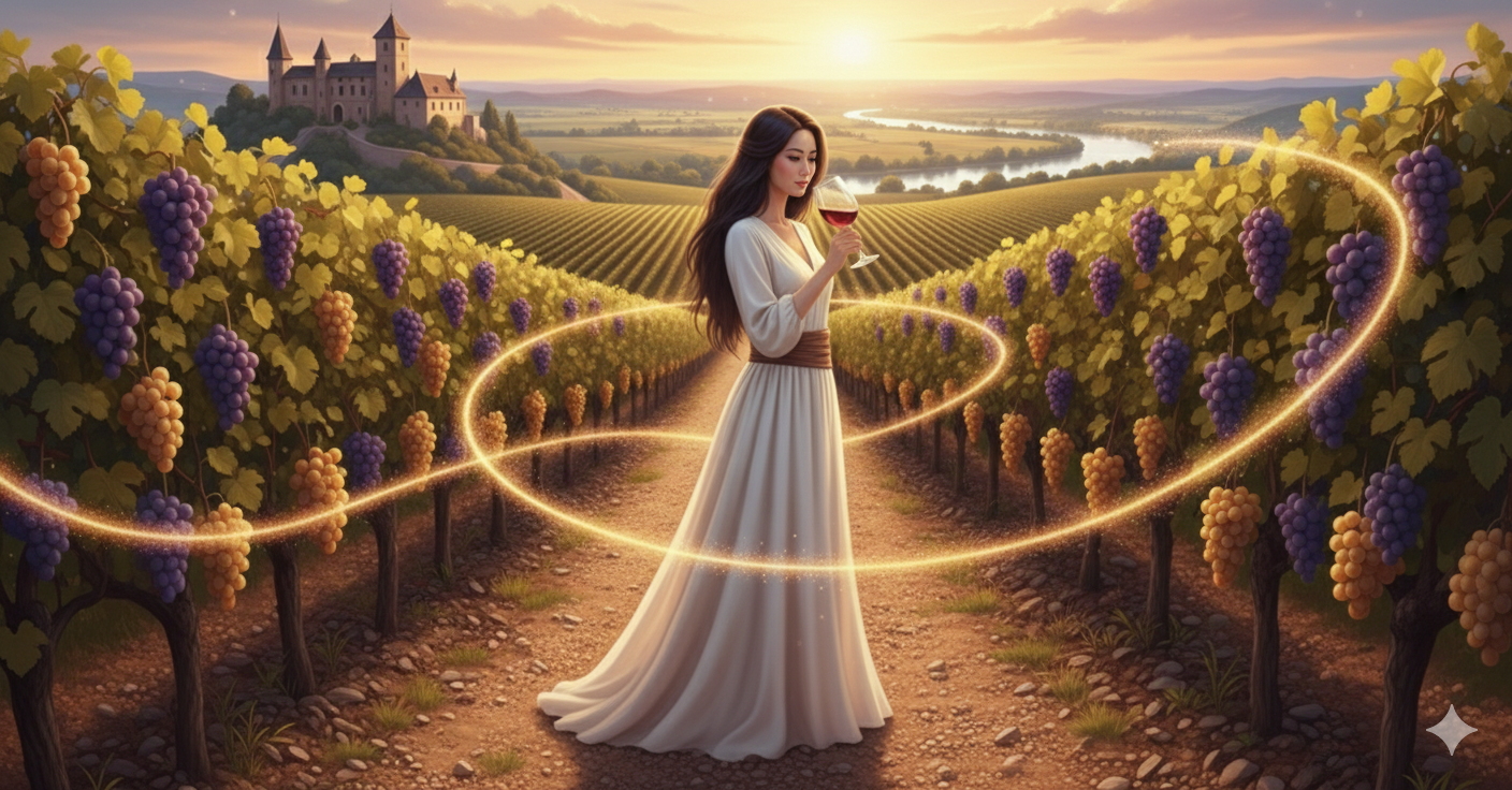 Figure in white gown holding a glowing glass, standing in a gravel Graves vineyard at sunset.