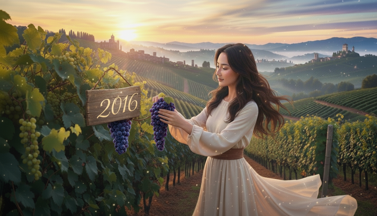 Hand-harvesting Nebbiolo grapes in the golden light of the 2016 vintage. A woman stands in a sweeping Italian vineyard valley, holding clusters near a sign for the year.