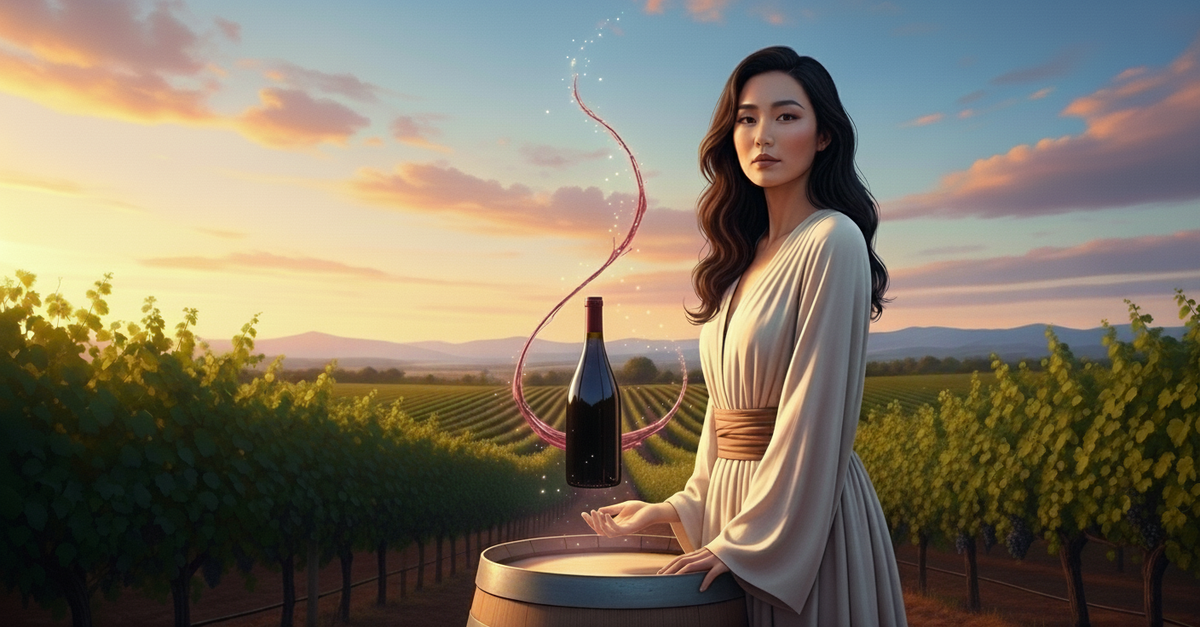 Ethereal image of an elegant woman in a flowing robe standing in a vineyard at sunset. A wine bottle floats magically above a barrel with a stream of wine spiraling into the sky.