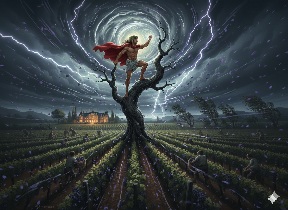 Bacchus freezes a Margaux gale mid-scream to prove that only split-second timing can turn Château Palmer 2018 from portfolio peril into perfumed profit.