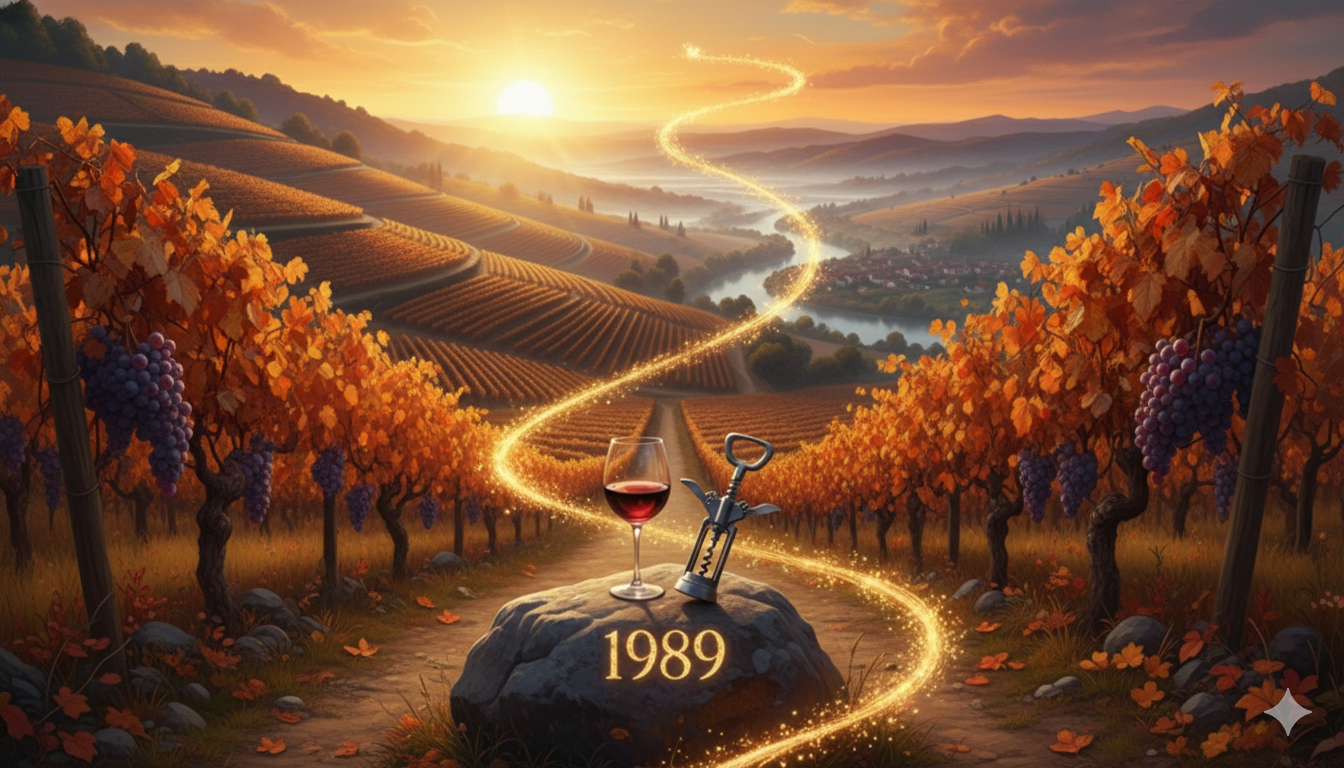 Sunset over rolling Rhône Valley vineyards in autumn, golden vines framing a path leading to a glowing stone marked 1989, with a glass of red wine and corkscrew, and glittering light trail