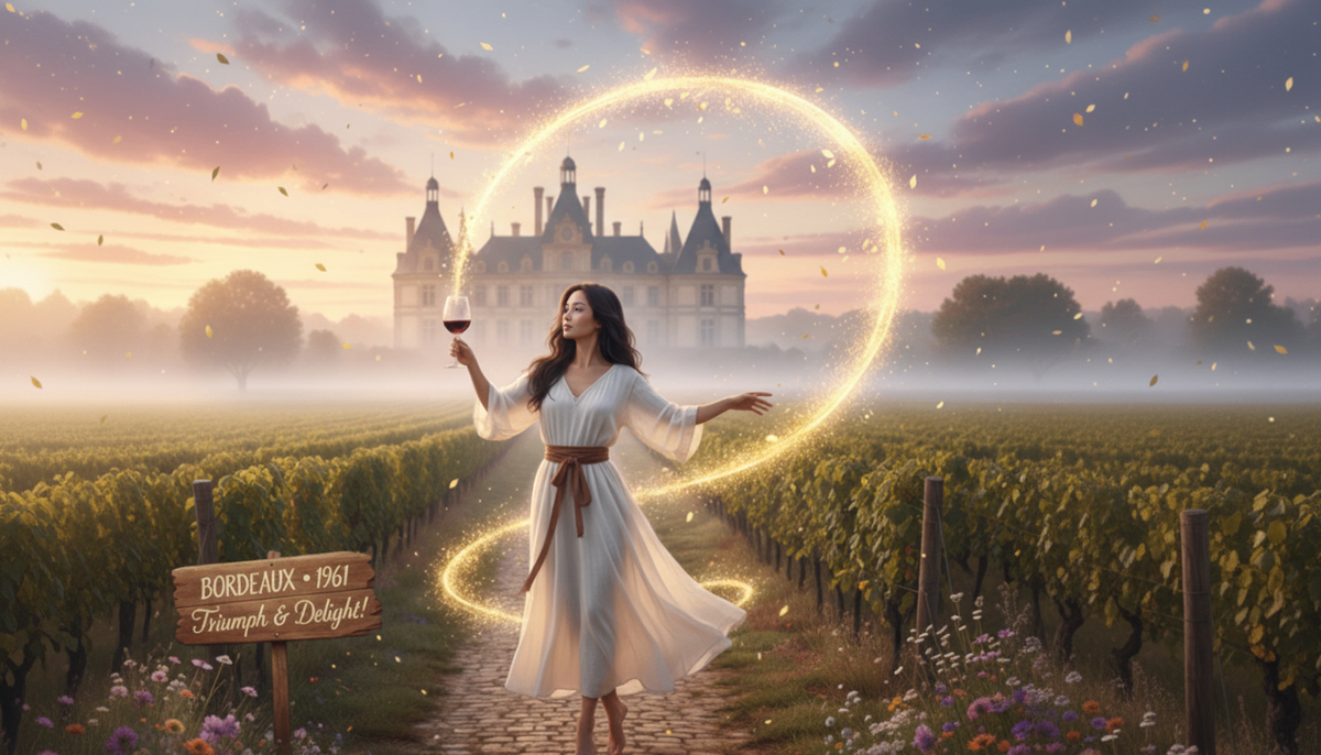 In a misty Bordeaux vineyard at sunrise, a woman in a white dress balances a glass of red wine as a glowing golden ribbon loops around her, with a grand château and 1961 wooden sign behind.