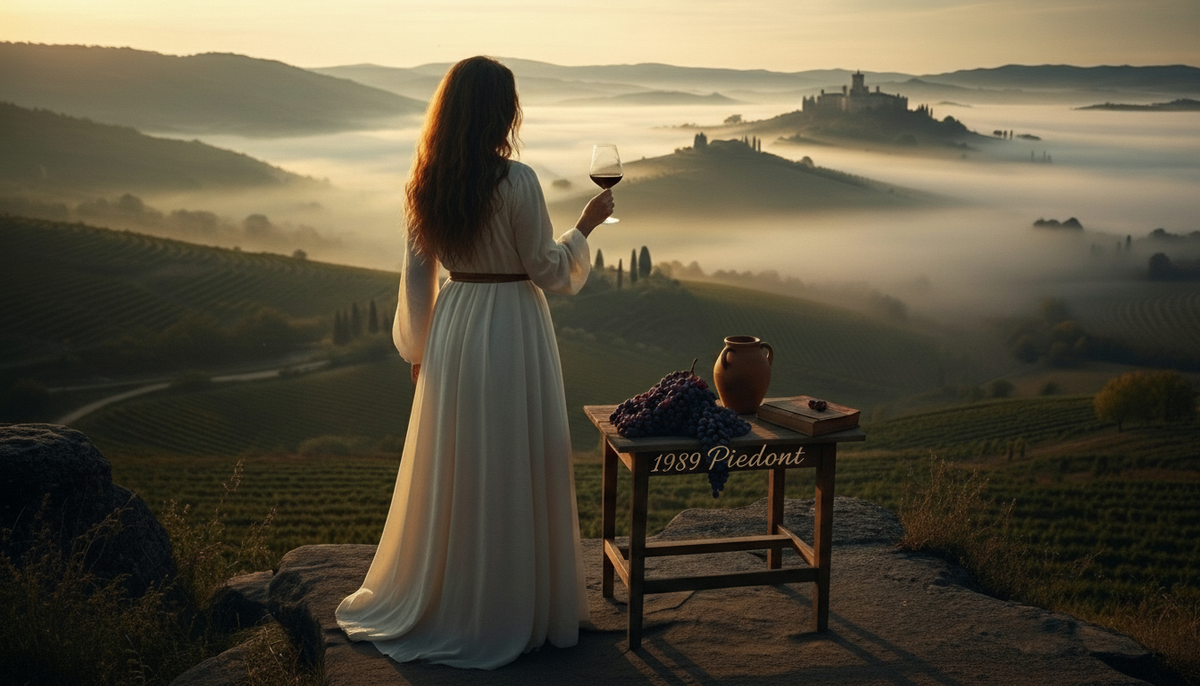 Woman stands in a misty Piedmont vineyard at sunset, holding a glass of Barolo. The rolling Langhe hills and a Barolo castle are visible. Focus on Nebbiolo grapes and golden-hour light.