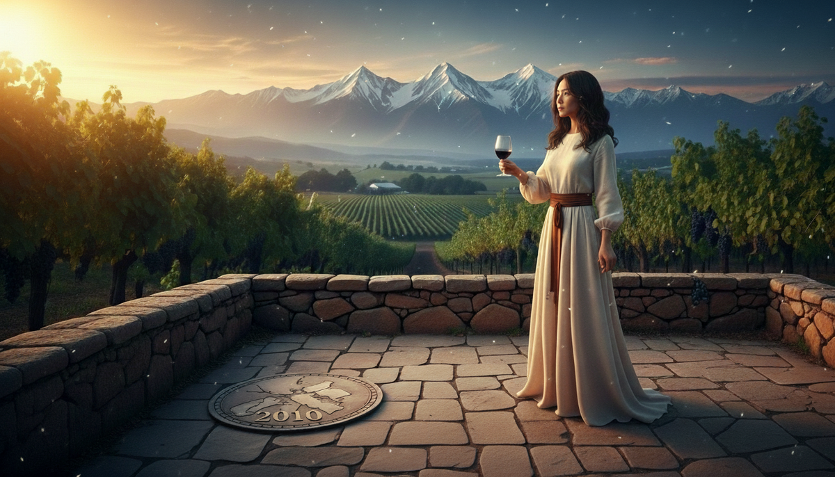 Woman in a long cream dress holds a glass of red wine on a stone terrace above Mendoza vineyards at sunset, snowcapped Andes behind her and a round 2010 medallion set in the floor near dusk.