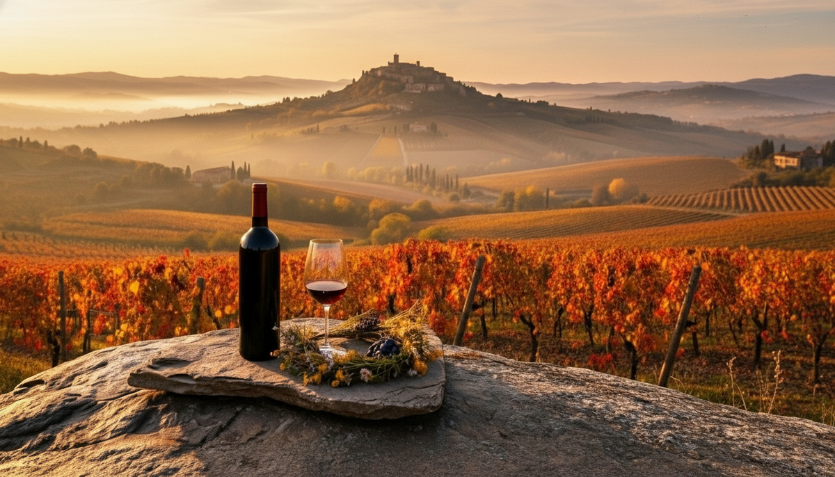 Brunello bottle and glass on a rock in a golden Tuscan vineyard. Vibrant red-orange leaves and a distant Montalcino castle define this peaceful fantasy scene.