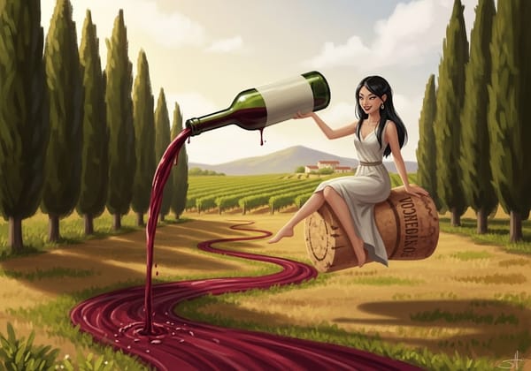 A magical painting of a woman with dark hair juggling a stream of glowing red wine in a Bolgheri vineyard, with cypress trees in the background.