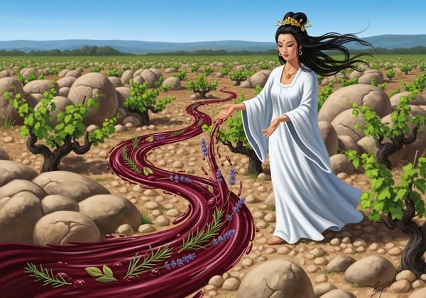 A whimsical painting of a goddess walking through a Châteauneuf-du-Pape vineyard. She is magically making a river of wine flow among the stones.