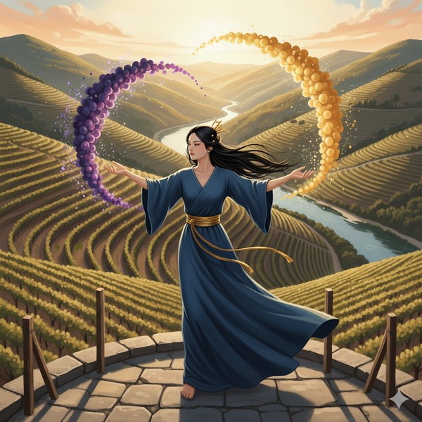 A magical painting of a woman on a terraced vineyard hillside in Côte-Rôtie. She is magically making a stream of blue and yellow grapes float.