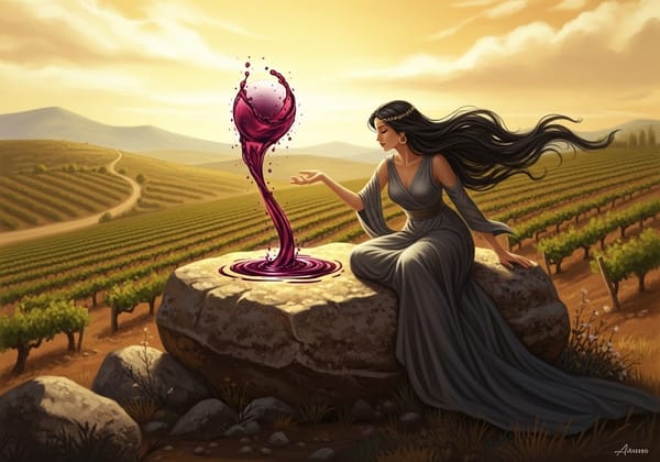 A magical illustration of a woman in a long gown sitting on a large rock in a vineyard, summoning a glowing orb of red wine from her hands.