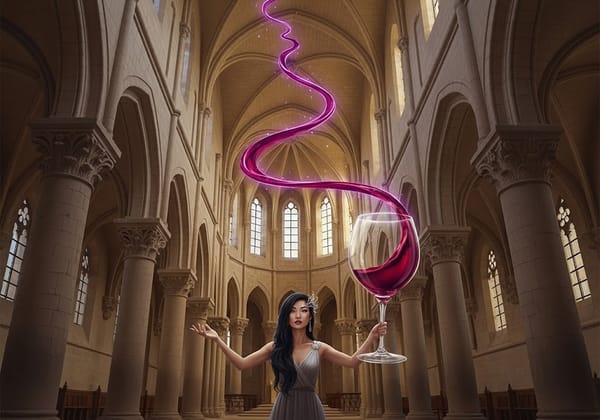 A magical painting of a woman in a dramatic pose, conjuring a glowing stream of red wine from an oversized glass inside a grand, ancient church.