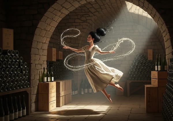 A painterly image of the moon goddess Chang'e floating in a Sancerre wine cellar, magically conjuring glowing streams of wine from her fingertips.