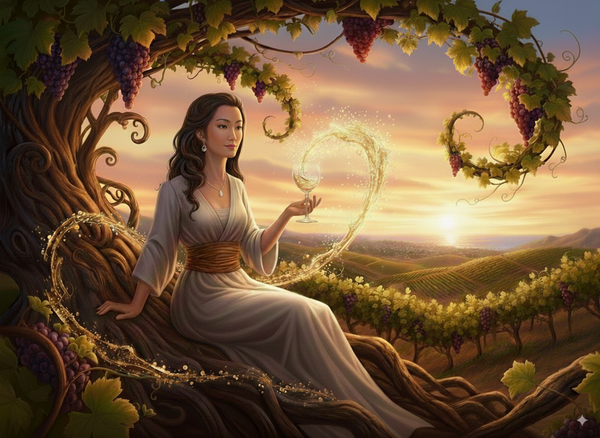 Chang'e, the Moon Goddess, sits in a vineyard at sunset, holding a glass of glowing wine. A golden stream forms a heart from the glass.