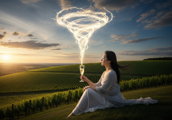 At sunset over lush Vallée de la Marne vineyards, Chang’e sits on a grassy hill in a pale dress, holding a flute as golden champagne spirals upward like a glowing tornado, trailing droplets.