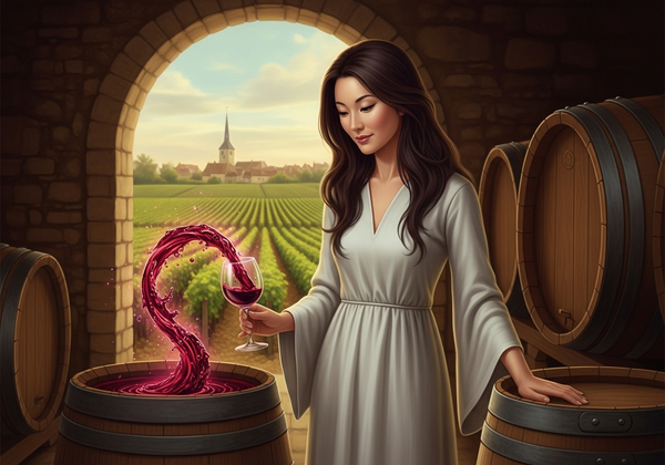 A woman in a white dress stands in a Vosne-Romanée cellar, holding a wine glass as a magical stream of red wine pours from a barrel in the foreground.