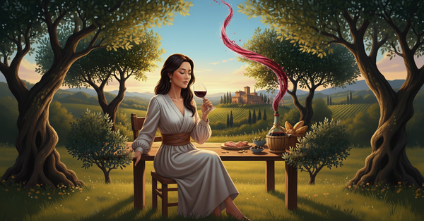 Elegant woman in a golden olive grove enjoys Chianti. She's seated at a rustic table by a Tuscan castello, smelling wine as its ruby essence spirals magically from the straw fiasco bottle.