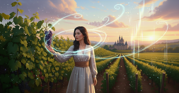 A woman in a flowing dress touches a cluster of grapes in a vineyard at sunset, with magical, swirling light trails emanating from the fruit and across the rows toward a distant castle.
