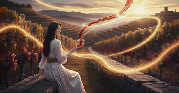A woman in a flowing dress sits on a stone wall in the terraced vineyards of Priorat at sunset, holding a wine glass from which red wine magically pours into the air.