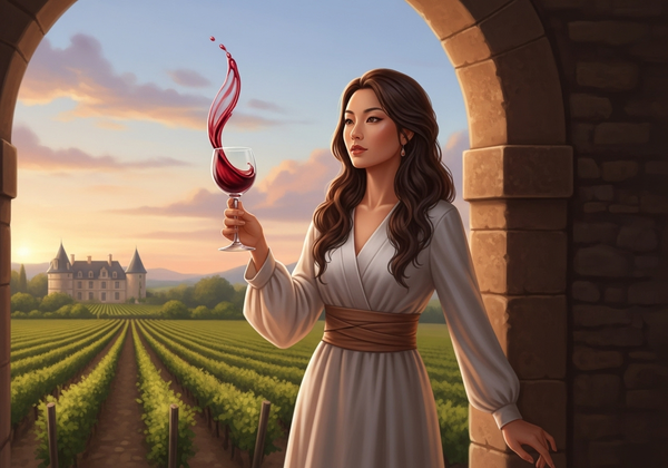 Chang'e in a simple white gown stands under a stone archway at a French chateau vineyard, gazing at a magical swirl of red wine rising from her glass.