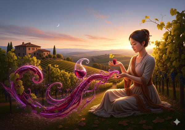 A goddess in simple robes sits in a Tuscan vineyard at sunset, holding a berry. Mystical, swirling wine flows from a glass beside her towards the foreground.