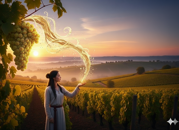 A mystical woman stands in a vineyard at sunset, a golden stream of light flowing from her hand to a vine, where it forms a cluster of ripe green grapes.