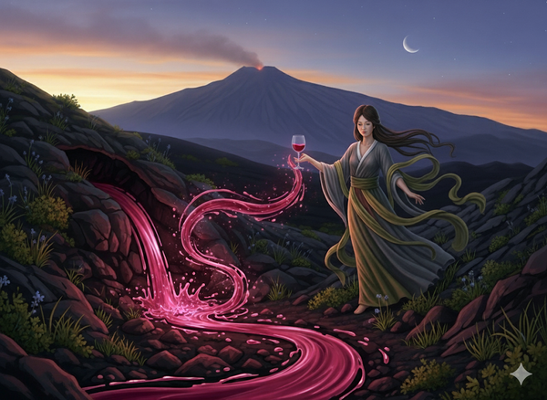 A goddess in a flowing gown stands before an erupting volcano at sunset. She holds a wine glass, and a stream of mystical red wine flows from a cave and swirls around her.