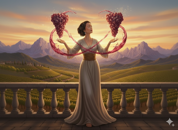 A serene woman stands on a balcony in a vineyard in Gigondas, France. She holds a glass of red wine, which glows and trails a liquid stream.