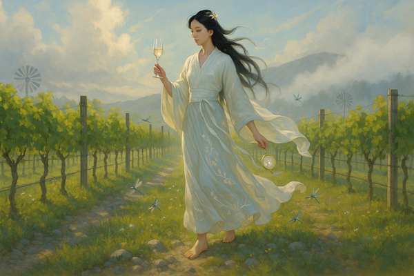 Chang’e walks barefoot through a sunlit Marlborough vineyard, her silk robe billowing in the wind. She holds a glowing compass and a flute of sparkling wine as dragonflies circle her hem.