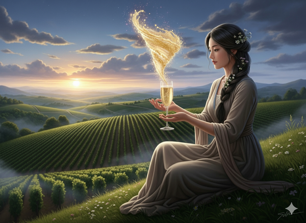 A goddess with dark hair and simple dress sits on a grassy hill overlooking a vineyard. She holds a champagne flute from which golden, sparkling liquid swirls magically upwards into the sky.