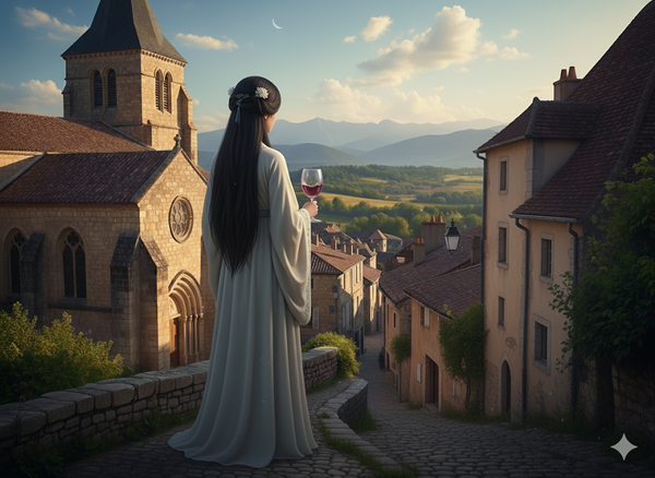 Chang'e with her back to us, standing in a Saint-Julien village and looking out at the sunlit, vineyard-covered landscape.
