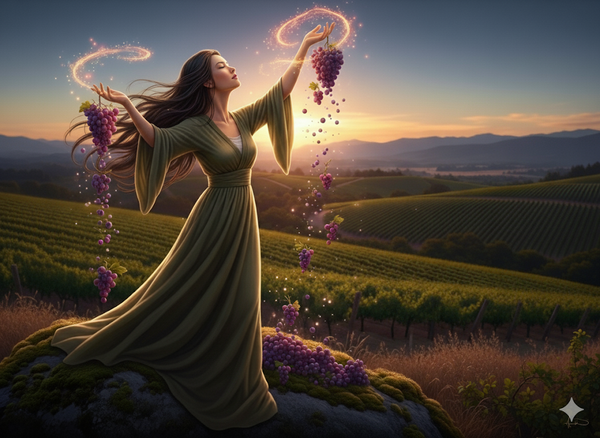 Chang'e, the Moon Goddess, sits on a rock in a Stags Leap vineyard. A mystical, swirling red wine essence floats magically above her open hand at sunset.