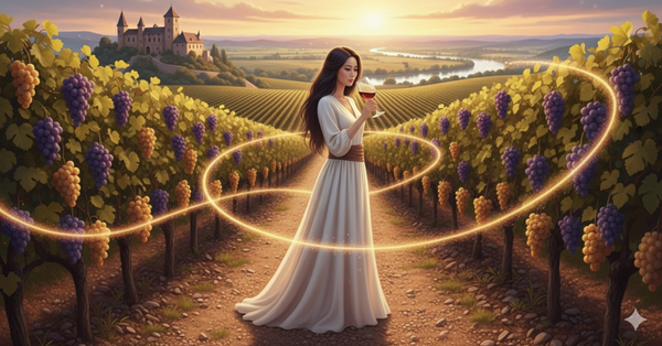 Figure in white gown holding a glowing glass, standing in a gravel Graves vineyard at sunset.