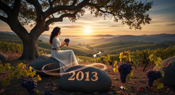 Elegant woman in flowing dress sits under an old tree in a majestic Napa vineyard at sunset, holding a cluster of dark grapes. The year 2013 is etched on a stone. Ethereal, fine art style.
