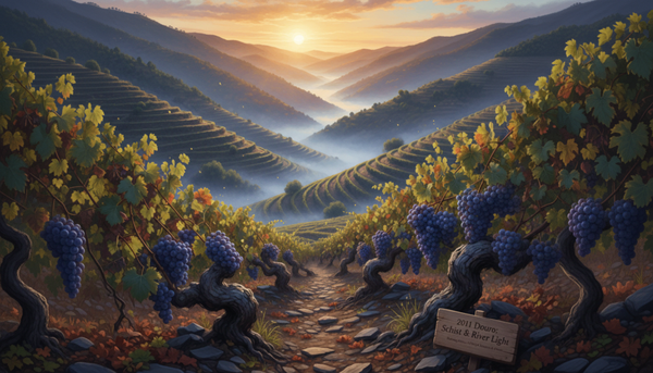 Douro Valley terraces shrouded in dawn mist. Captures the 2011 Douro vintage essence: schist stone, light, and the promise of profound clarity and concentration.
