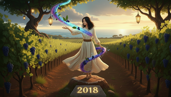 Mystical figure stands in a Margaret River vineyard (2018) with rows of purple grapes stretching to the ocean, manipulating a swirling stream of light and berries.