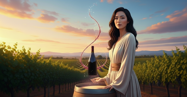 Ethereal image of an elegant woman in a flowing robe standing in a vineyard at sunset. A wine bottle floats magically above a barrel with a stream of wine spiraling into the sky.