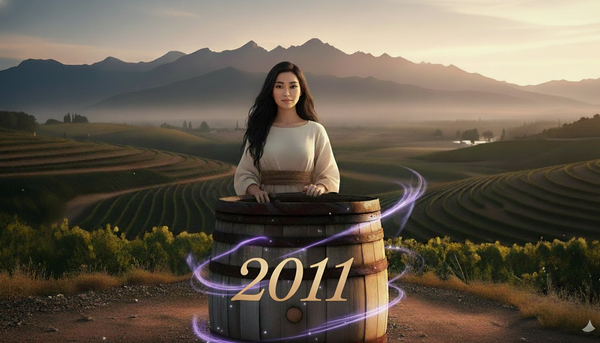 Vineyard landscape with terraced hills in morning mist. A wooden barrel in the foreground glows with purple light and the number 2011, suggesting a fine vintage or magical memory.