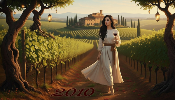 A serene vineyard at golden hour, 2010 stamped on the path, lantern-lit trees framing a barefoot woman in flowing cream dress holding red wine, Tuscan villa and cypress rows in soft hills.