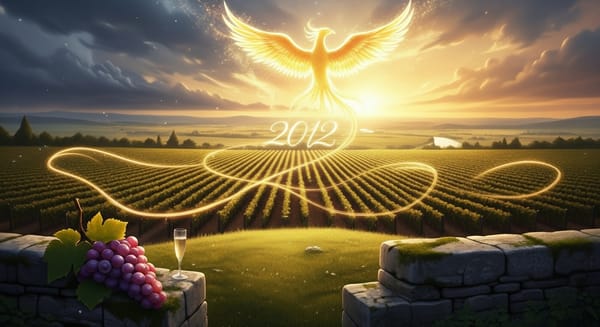 A golden phoenix rises over a Champagne vineyard at sunrise. Golden light and the number 2012 symbolize the resilient "Phoenix Vintage" that turned chaos into powerful, silken wine.