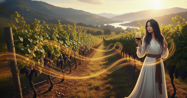 Woman in white in a sunny vineyard at golden hour, holding red wine. Glowing light trails weave through the grapevines with rolling hills and a river in the distance.