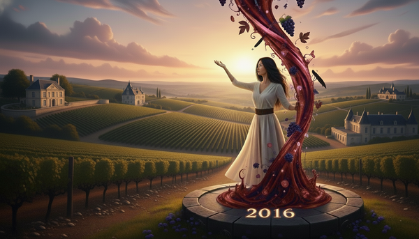 2016 Pauillac: A beautiful Asian woman in a flowing dress stands in a sunny, rolling Bordeaux vineyard with a river and châteaux, holding a swirling vortex of Cabernet grapes.