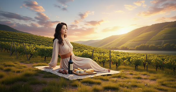 A serene woman in a flowing dress sits on a picnic blanket in a sun-drenched vineyard, gazing at the sunset. A bottle of wine, cheese, and fruit are laid out beside her.