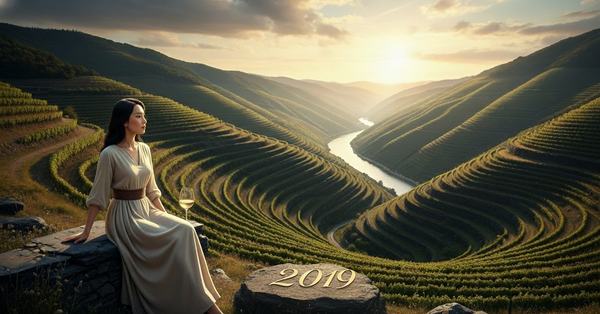 2019 Mosel Riesling vineyard. A woman stands on steep, slate terraces as streams of golden light (wine) flow into a glass, symbolizing the wine's elegance and mineral purity.