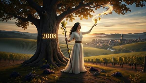 A majestic image of a vineyard at sunset. The number 2008 glows on an ancient tree, overlooking rolling hills and a village. Golden light streaks from grapes.